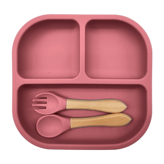 Guanglv Silicone Divided Suction Dinner Plate with Wooden Handle Spoon Fork Set Spill Proof Baby Self Feeding Tray Reusable Kitchen Dining Tableware Back to School