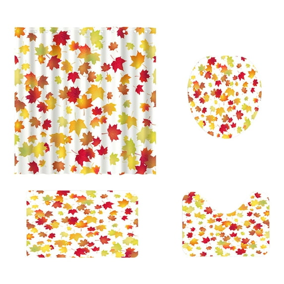 Guanhe 4Pcs Bathroom Shower Curtain Sets with Rugs,Orange Thanksgiving Maple Leaf Print Bathroom Sets with Shower Curtain Rugs Toilet Seat and Hook