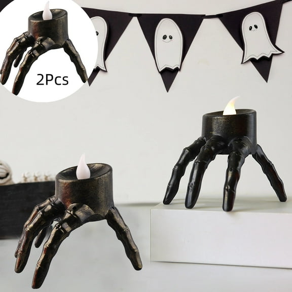 Moocorvic 5Pcs Skeleton Hand Tea Lights Candle Holders for Table Decor, LED Flameless Skull Ghost Hand Lamps Halloween Decorations Indoor(Black)