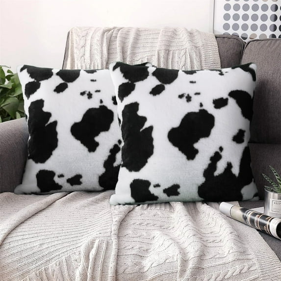 Guanhe Faux Fur Throw Pillow Covers, Decorative Soft Fluffy Plush Couch Throws Brindle Cushion Covers for Couch Living Room Sofa Bedroom 18x18 Inch, Cow Black