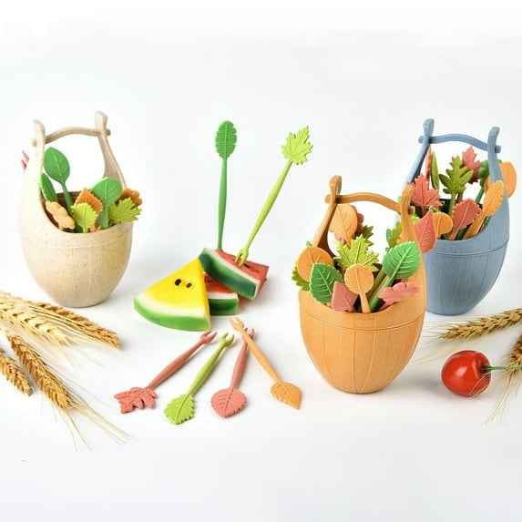 Guanhe Fruit Forks Mini Kids Includes bucket Set, Wheat Straw Mini Wooden Dessert Fork Fruit Fork Barbecue Fork