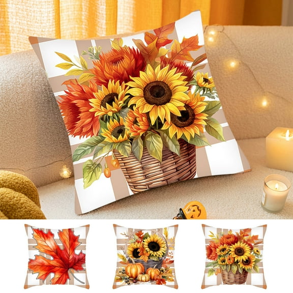 Guanhe Thanksgiving Pillow Covers 18x18, Fall Throw Pillow Covers Pumpkin Sunflower Leaves Autumn Season Farmhouse Decorative for Sofa Bed