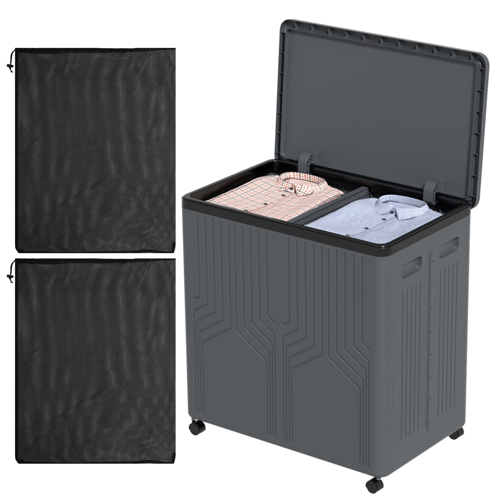 Guankan 120 Liter Collapsible Double Compartment Laundry Basket, Large Plastic Laundry Hamper with Lid and Wheels