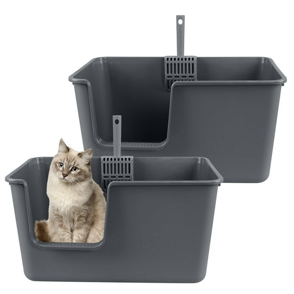 Guankan 2 Pack Large Cat Litter Boxes with Free Scoops, Plastic High Side Pet Litter Pans, Gray