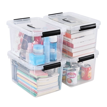 Guankan 4-Pack 10 L Plastic Storage Bin with Handle, Clear Latch Box Bin