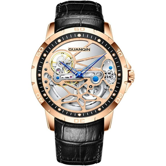 Guanqin Men Skeleton Analog Automatic Self Winding Mechanical Wrist Watch with
Leather Band