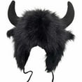thumbnail image 1 of Guanyst Buffalo Hat With Horns Furry Earmuff Winter Hats Buffalo Ear Headwear Earflap Hat One Size Black, 1 of 7