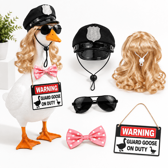 Guard 5-Piece Porch Goose Costume Set with Curly Hair and Warning Sign