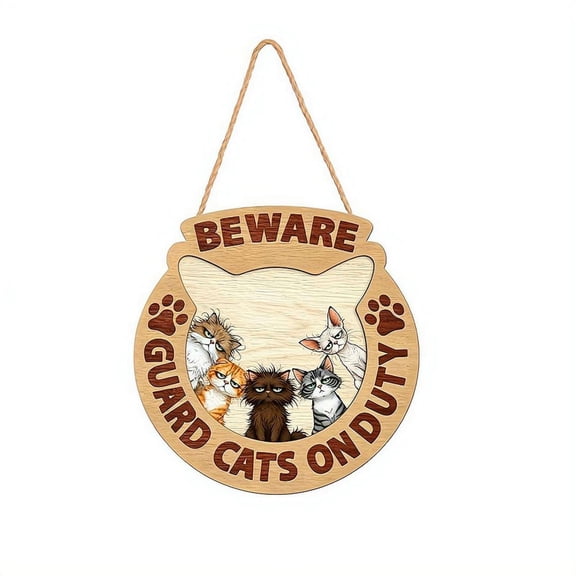 Guard Cats Funny Wooden Sign, Welcome Door Decor with Hanging Rope, Rustic Home Garden Patio Wall Plaque, Cute Gift for Cat Lovers Mom