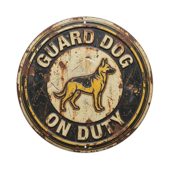 Guard Dog Duty Workshop Vintage Metal Tin Sign Plaque Wall Decor for Cafe, Club, Garden Round Metal Poster 8x8Inch