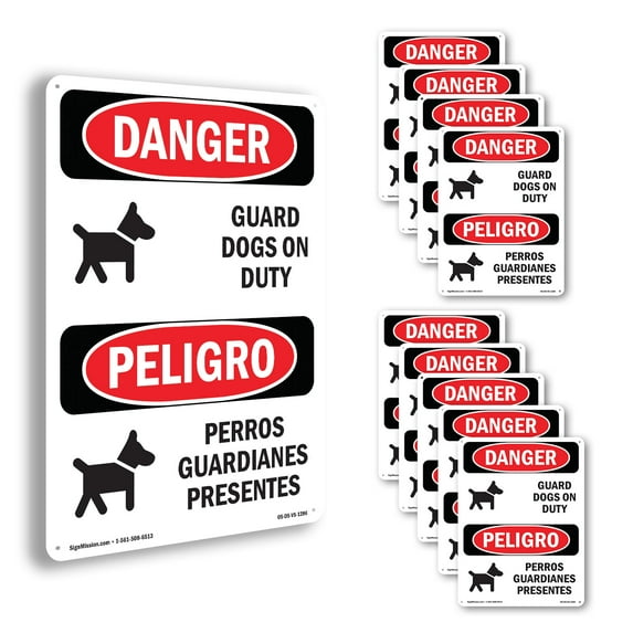Guard Dogs On Duty Bilingual OSHA Danger Aluminum Sign 10 Inch x 7 Inch - 10 Pack