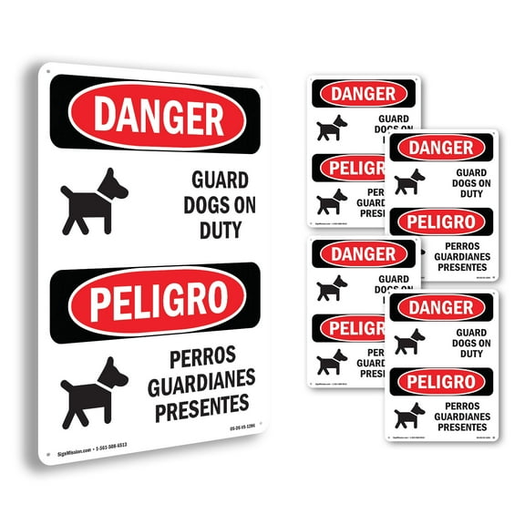 Guard Dogs On Duty Bilingual OSHA Danger Aluminum Sign 24 Inch x 18 Inch - 5 Pack