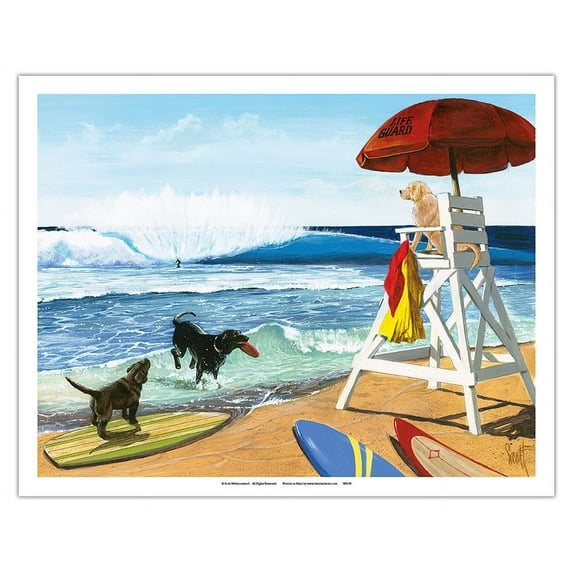 Guard Dogs - Playing on the Beach - From an Original Color Painting by Scott Westmoreland - Fine Art Matte Paper Print (Unframed) 11x14in