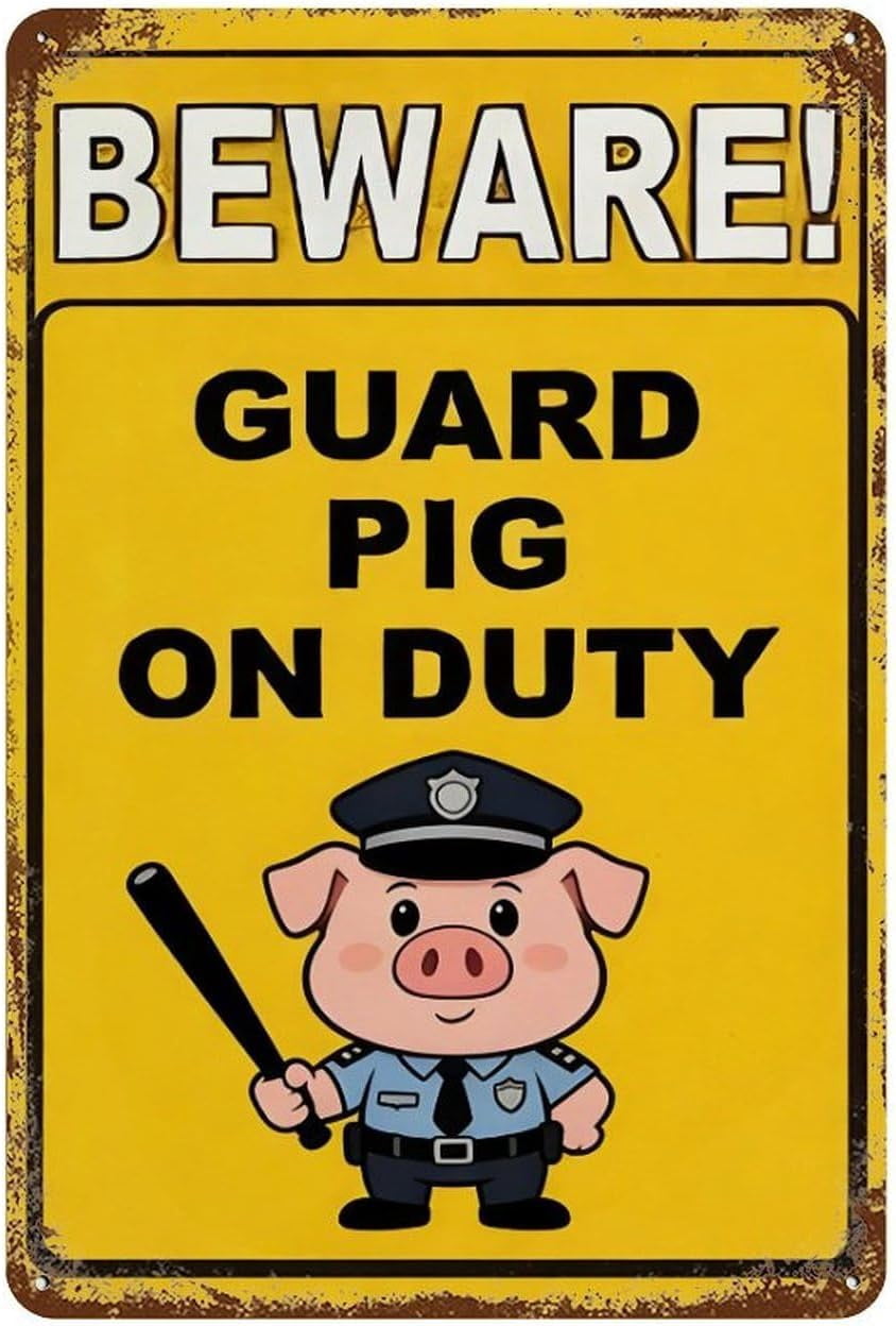 Guard Pig On Duty Metal Tin Sign, Funny Cartoon Pig Illustration ...