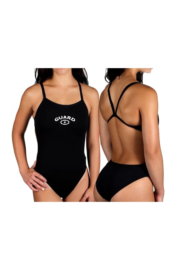 Girl's/Women's Guard Polyester Thin Trap Open Back Swimsuit (FGP05) - Black - 32