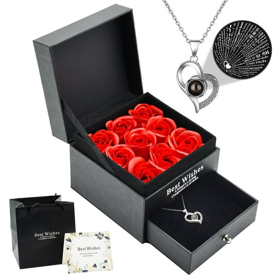 Gift for Women, GuardWee Preserved Red Rose with I Love You Necklace in 100 Languages, Love Gifts for Mom Wife Girlfriend Her on Mother Day Valentines Anniversary Wedding Gifts
