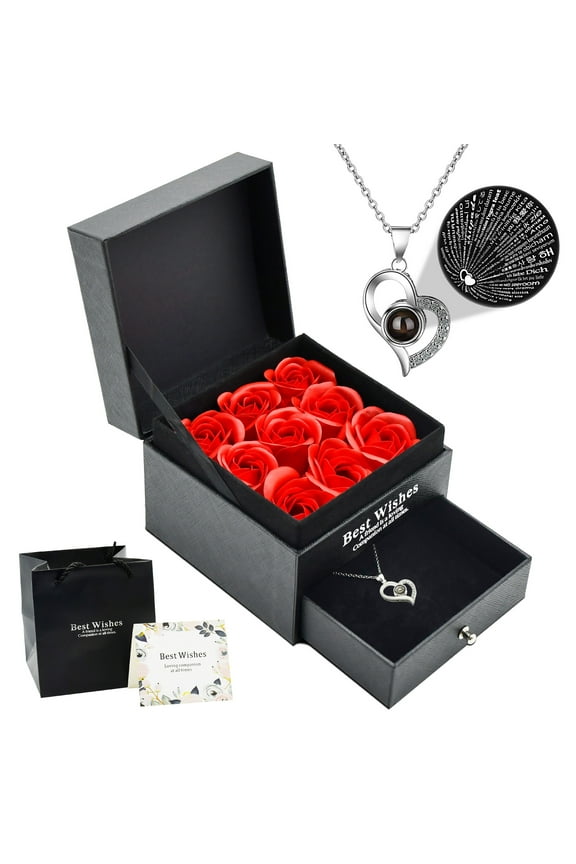 Gift for Women, GuardWee Preserved Red Rose with I Love You Necklace in 100 Languages, Love Gifts for Mom Wife Girlfriend Her on Mother Day Valentines Anniversary Wedding Gifts
