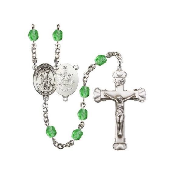 Guardian Angel / Army Silver-Plated Rosary 6mm August Green Fire Polished Beads Crucifix Size 1 5/8 x 1 medal charm