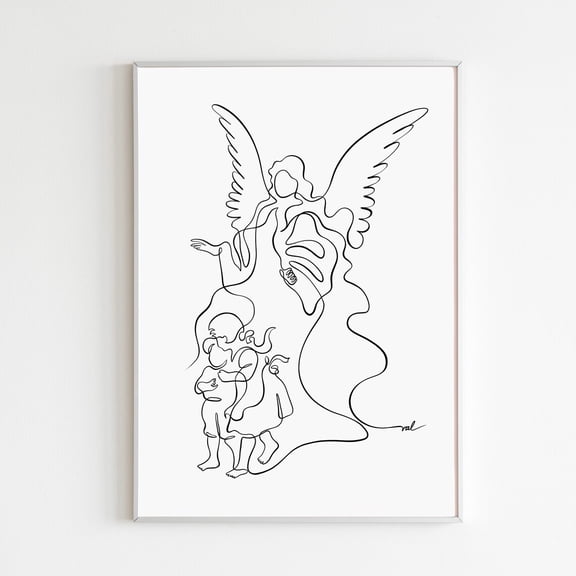 Guardian Angel Art Christian Wall Decor Line Artwork Protective Seraph Minimalist Children Protection, Unframed Canvas 24x36in
