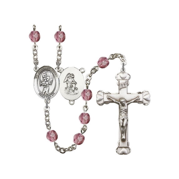 Guardian Angel/Baseball Silver-Plated Rosary 6mm February Purple Fire Polished Beads Crucifix Size 1 5/8 x 1 medal charm