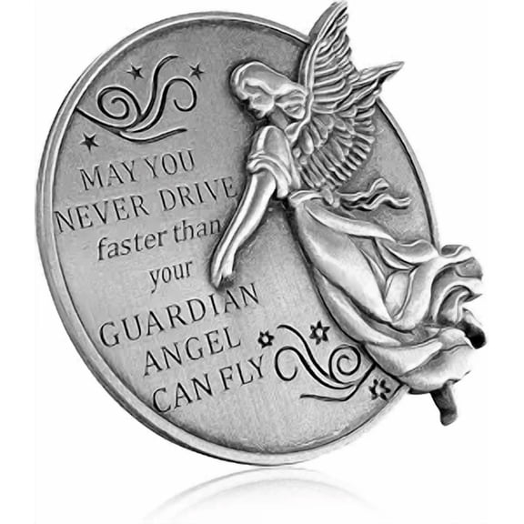 Guardian Angel Car Visor Clip, Metal Sun Visor Medal with Safety Quote, Never Drive Faster Than Your Guardian Angel Can Fly, Auto Interior Accessories Gift