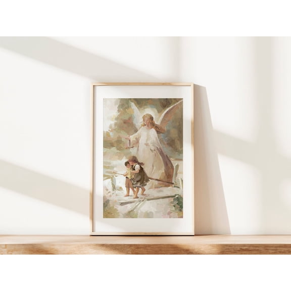 Guardian Angel Catholic Gift For Baby Angel Poster Religious Oil Painting Nursery Faith Home Decor Children'S Christian Art Print, Stretched Canvas Size 8x12