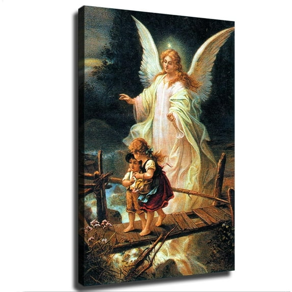 Guardian Angel With Children On Bridge Canvas Art Poster And Wall Art Picture Printing Decor Modern Home Bedroom Living Room Office Classroom Decoration Posters (20×30inch-Framed)