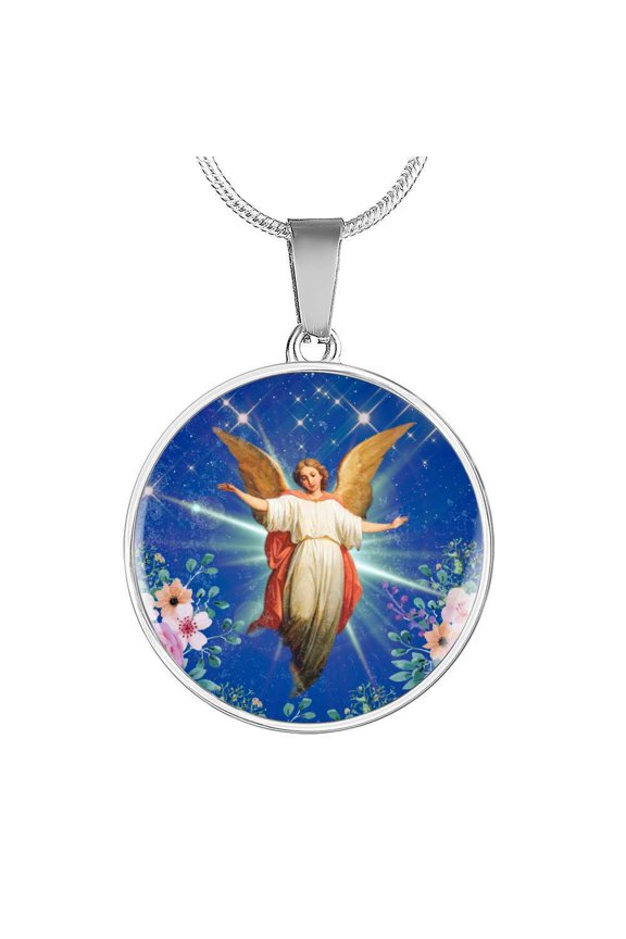 Guardian Angel Circle Necklace Stainless Steel 24 Inch Chain Silver Tone or Gold Tone