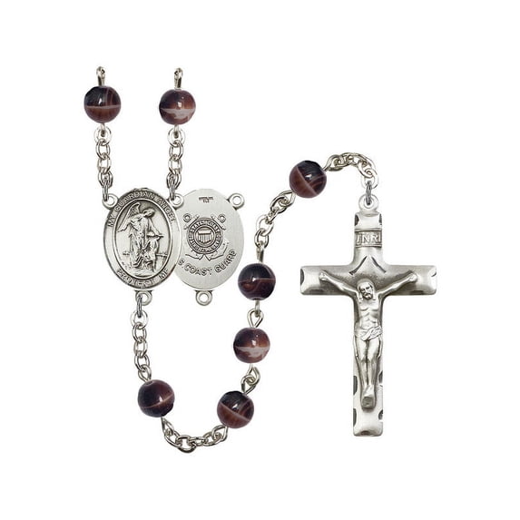 Guardian Angel/Coast Guard Silver-Plated Rosary 7mm Brown Beads Crucifix Size 1 3/4 x 1 medal charm