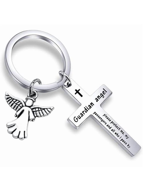 Guardian Angel Cross Keychain | Engraved Driver Safety Prayer Key Ring | Stainless Steel Christian Gift for Car Owners, Father's Day Gift