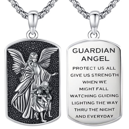 Guardian Angel Dog Tag Necklace 925 Sterling Silver Religious Pendant with Guardian Angel Protect Us All Inscription, Catholic Amulet Protection Jewelry for Men & Women