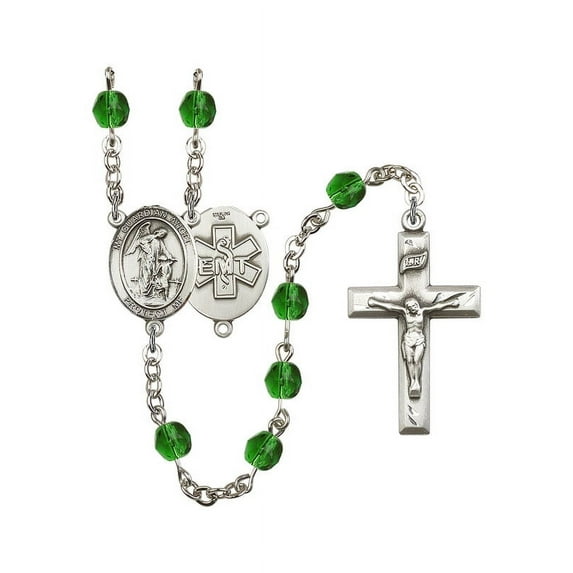 Guardian Angel / EMT Silver-Plated Rosary 6mm May Green Fire Polished Beads Crucifix Size 1 3/8 x 3/4 medal charm