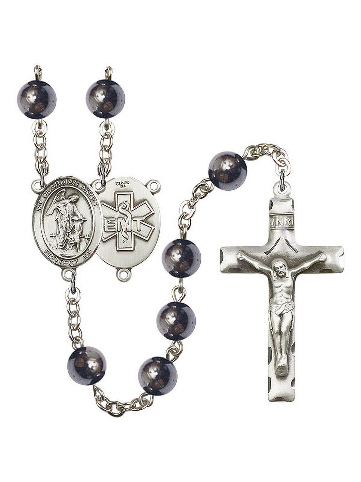 Guardian Angel / EMT Silver-Plated Rosary 8mm Hematite Beads Crucifix Size 1 3/4 x 1 Medal Charm, Adult Unisex, Grey Type