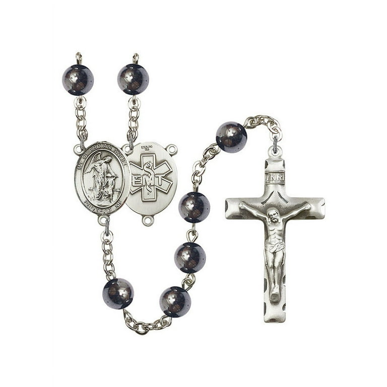 Guardian Angel / EMT Silver-Plated Rosary 8mm Hematite Beads Crucifix Size 1 3/4 x 1 Medal Charm, Adult Unisex, Grey Type