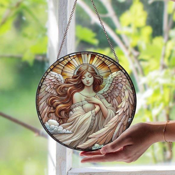 Guardian Angel Glass Suncatcher – Spiritual Angelic Glass Art, Handmade Religious Decor, Unique Glass Suncatcher Set, Suncatcher Window Hanging, 3.5 in