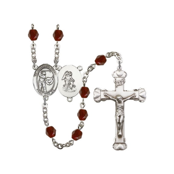 Guardian Angel / Golf Silver-Plated Rosary 6mm January Red Fire Polished Beads Crucifix Size 1 5/8 x 1 medal charm