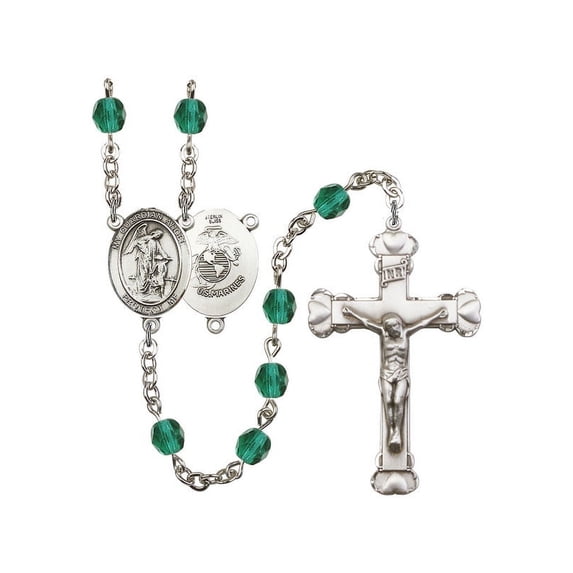 Guardian Angel / Marine Corp Silver-Plated Rosary 6mm December Blue Fire Polished Beads Crucifix Size 1 5/8 x 1 medal charm