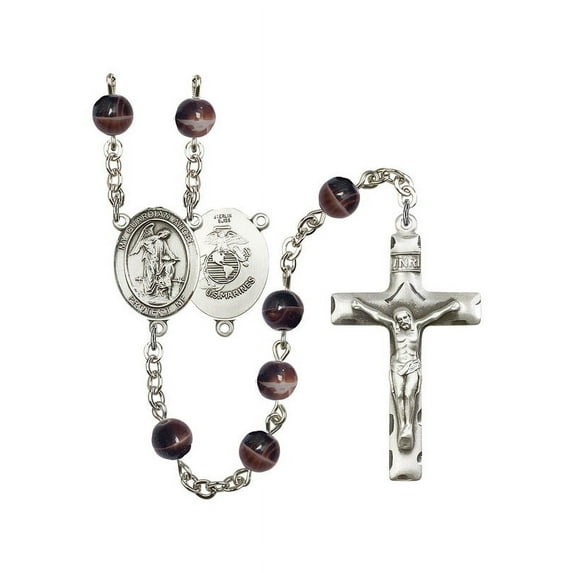 Guardian Angel / Marine Corp Silver-Plated Rosary 7mm Brown Beads Crucifix Size 1 3/4 x 1 medal charm