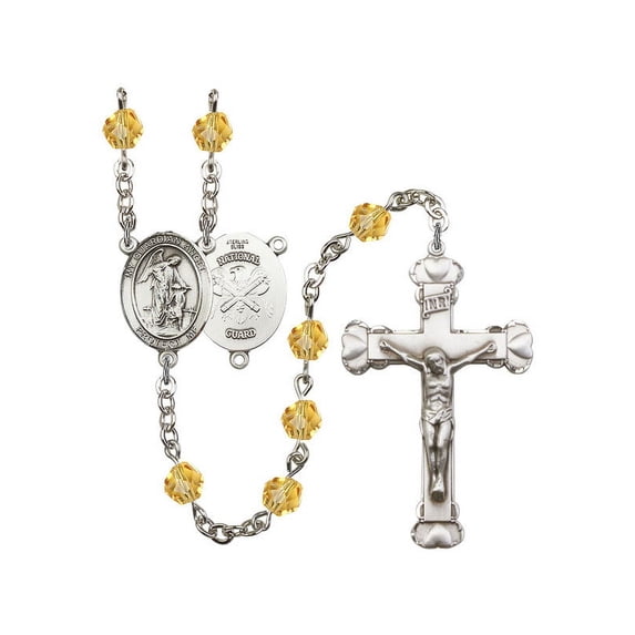 Guardian Angel / Nat'l Guard Silver-Plated Rosary 6mm November Yellow Fire Polished Beads Crucifix Size 1 5/8 x 1 medal charm