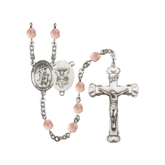Guardian Angel / Navy Silver-Plated Rosary 6mm October Pink Fire Polished Beads Crucifix Size 1 5/8 x 1 medal charm