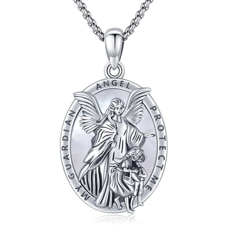 Guardian Angel Necklace 925 Sterling Silver Mother of Pearl Oval Pendant with ‘My Guardian Angel Protect Me’ Inscription, Catholic Religious Amulet Protection Jewelry for Men Women