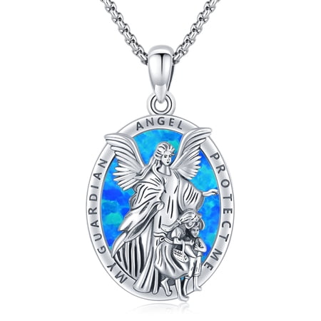 Guardian Angel Necklace 925 Sterling Silver Oval Blue Opal Pendant with My Guardian Angel Protect Me Inscription, Catholic Amulet Protection Jewelry for Men & Women