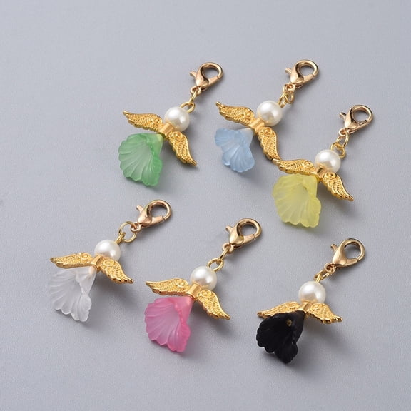 Guardian Angel Pendant Decorations with Acrylic Glass Pearl Beads Light Gold Plated Zinc Alloy Lobster Claw Clasps and Alloy Beads