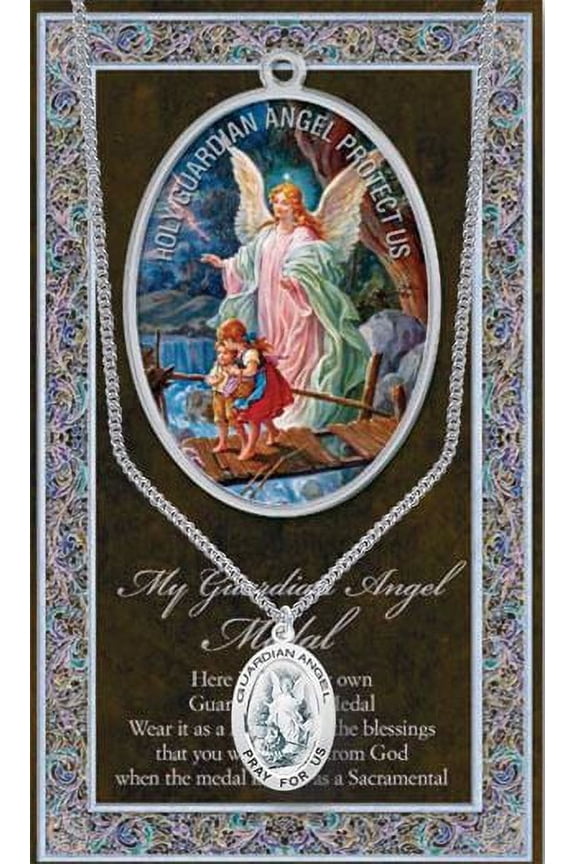 Guardian Angel Pewter Medal Pendant with Chain, Made in USA