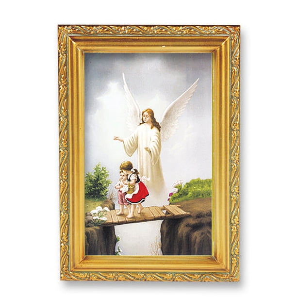 Guardian Angel Picture Framed Wall Art Decor, Small, Antique GoldLeaf