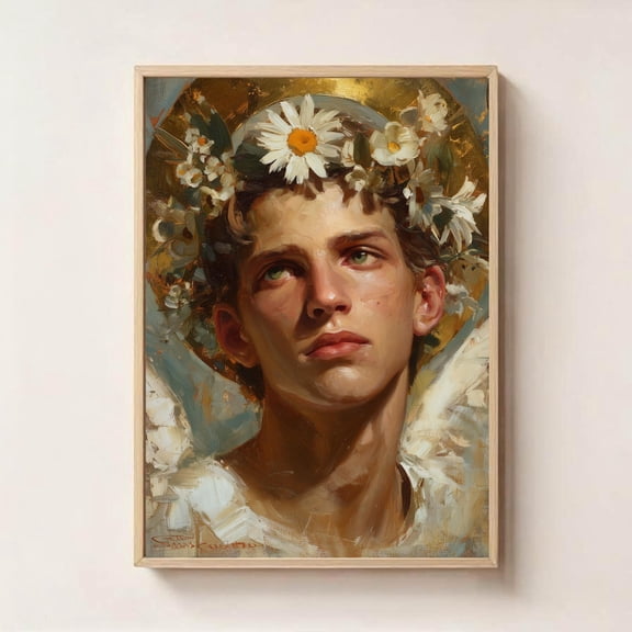 Guardian Angel Portrait Daisy Crown Masculine Angel of Light, Unframed Paper Poster 16x20in