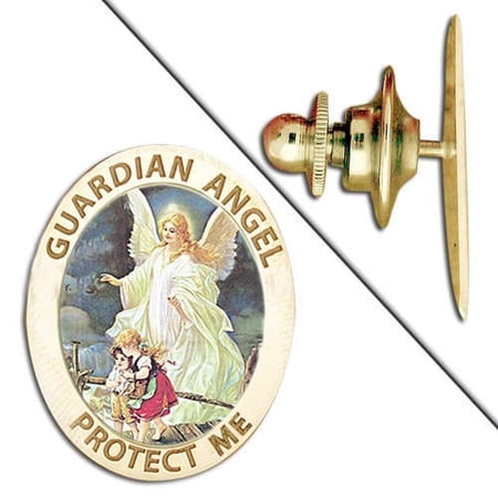 Guardian Angel "Protect Me" Color Pin - 2/3 Inch X 3/4 Inch -Solid 14K White Gold