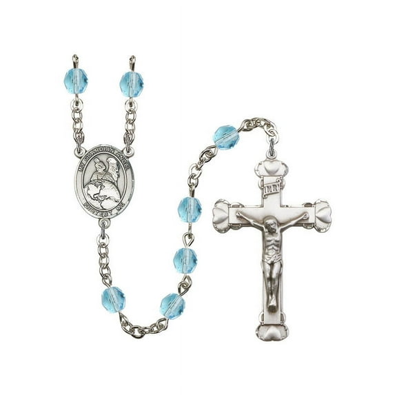Guardian Angel Protector Silver-Plated Rosary 6mm March Light Blue Fire Polished Beads Crucifix Size 1 5/8 x 1 medal charm