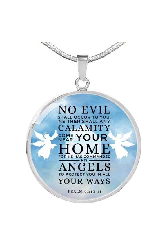 Guardian Angel Psalm 91:10-11 Circle Necklace Stainless Steel 24 Inch Chain Silver Tone or Gold Tone