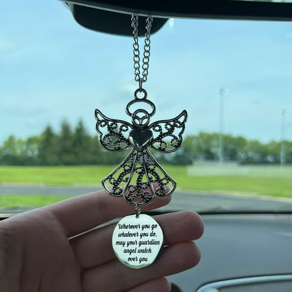 Guardian Angel Rear View Mirror Charm – Inspirational Car Hanging Ornament with Blessing Message, Protection Angel Car Accessory Gift for Women, Men, Friends, and Family